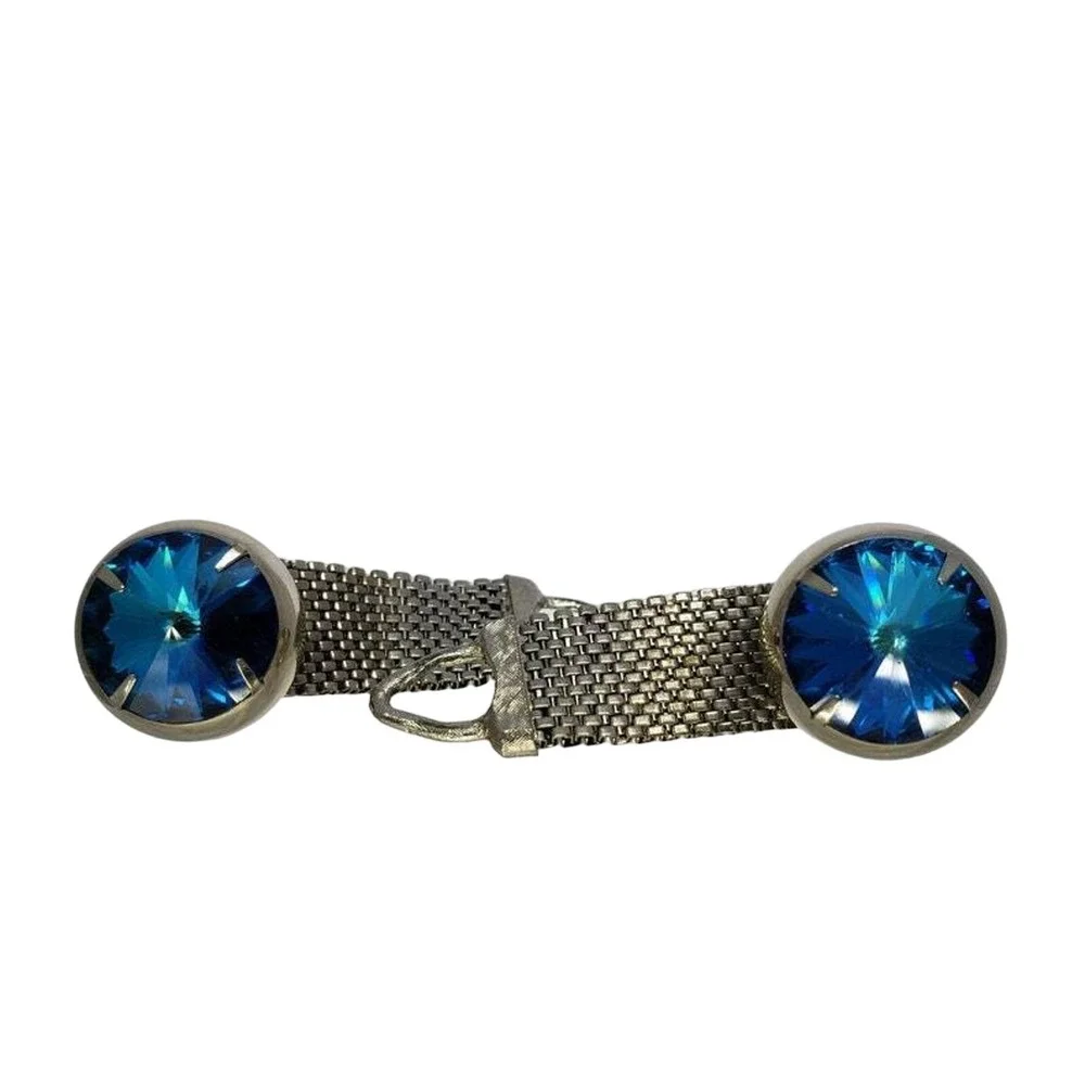 Blue Rivoli Crystal Cufflinks Silver Tone Mesh Wrap Around Suit Accessory Retro